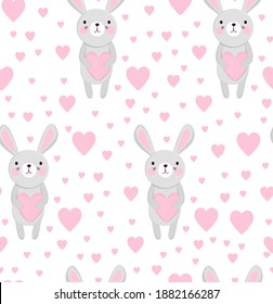 Scandinavian hand drawn vector seamless pattern with bunny rabbit and hearts. Simple flat style romantic background with cute animal character for Valentines day, Easter greeting card, children fabric