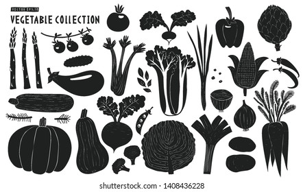 Scandinavian hand drawn vegetables. Monochrome graphic. Fruits background. Linocut style. Healthy organic food. Vector illustration