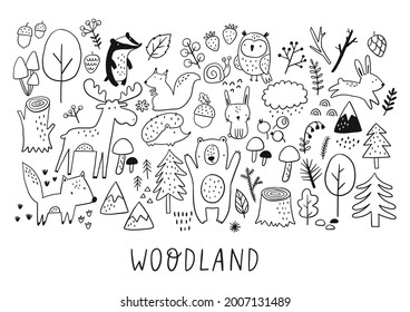 Scandinavian hand drawn Woodland - vector illustration. Cute animals and nature monohrome design for kids. Scandinavian wall art. 