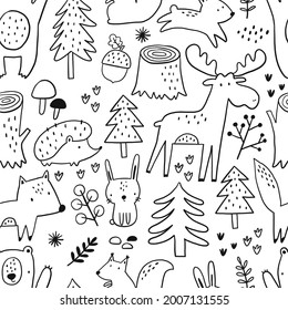 Scandinavian hand drawn Woodland - vector illustration. Cute animals and nature monohrome design for kids. Scandinavian wall art. 