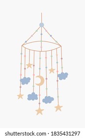 Scandinavian hanging baby toy, mobile for crib new born. Hand drawn vector element for nursery decoration, baby shower, birthday, children's party, poster, invitation, postcard, kids clothes