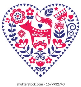 Scandinavian heart shape folk art vector pattern with flowers and fox, Valentine's Day floral greeting card or wedding invitation - love, relationship concept. Nordic heart ornament with cute fox