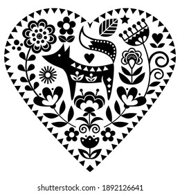 Scandinavian heart shape folk art vector pattern with flowers and fox, monochrome Valentine's Day floral greeting card or wedding invitation - love, relationship concept. Nordic heart ornament 