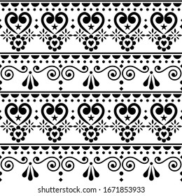 Scandinavian hearts seamless vector pattern folk art style, repetitive cute Nordic design with hearts, flowers, swirls and geometric shapes.

Floral love retro textile design, cute ornament