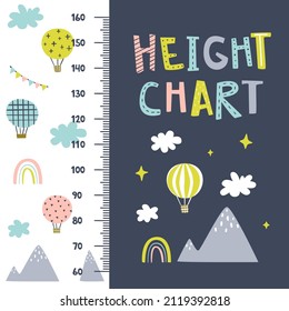 Scandinavian height chart with hot air balloon. Sky travel naive nursery scale. Cute baby stadiometer.