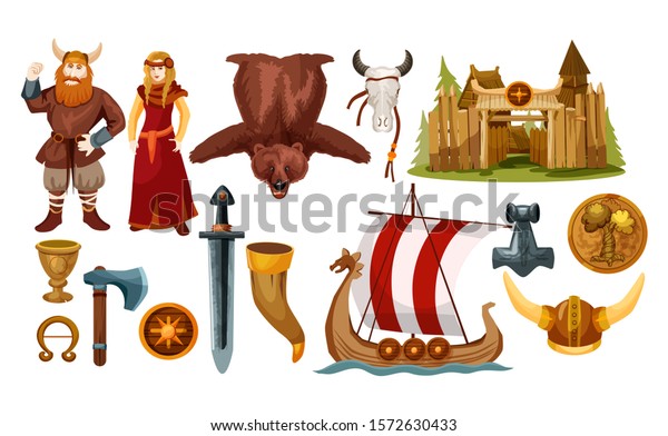 Scandinavian history and viking culture vector\
cartoon icons. Ancient Medieval Scandinavian Viking warrior with\
beard in horn helmet, traditional clothing, axe or sword weapon and\
Drakkar sailboat