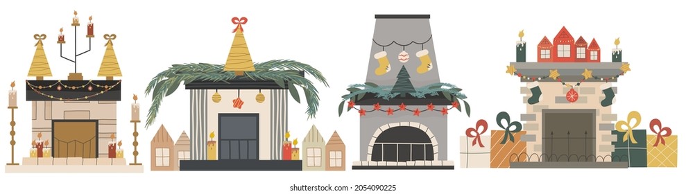 Scandinavian holiday fireplace with isolated fir tree and candles set. Festive cozy hearth with xmas decorations.Vector illustration in a flat style. Cozy winter holiday season