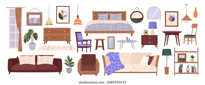 Scandinavian Home Interior, Furniture and Decor Set. Stylish Bedroom or Living Room Interior. Cozy Modern Comfortable Apartment. Isolated Flat Vector Illustrations on white background.