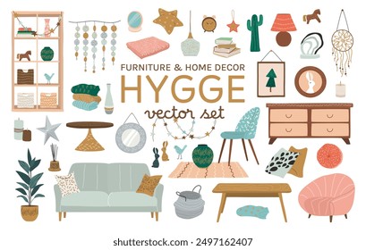 Scandinavian Home Interior, Furniture and Decor Set. Stylish Bedroom or Living Room Interior in Hygge Style. Cozy Modern Comfortable Apartment. Isolated Flat Vector Illustrations on white background.