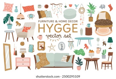 Scandinavian Home Interior, Furniture and Decor Set. Stylish Bedroom or Living Room Interior in Hygge Style. Cozy Modern Comfortable Apartment. Isolated Flat Vector Illustrations on white background.