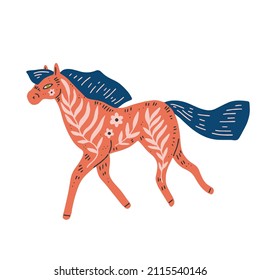 scandinavian horse illustration vector decorative flat design doodle, galloping equesterian, horses and ponies