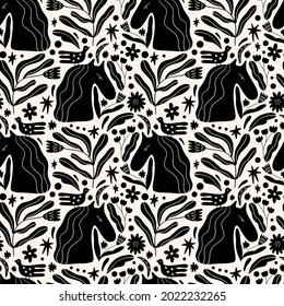 Scandinavian horses and flowers seamless pattern. Scandi folk animals ornament. Nursery rural print.