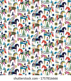 Scandinavian horses pattern seamless design. Decoration textile and paper series