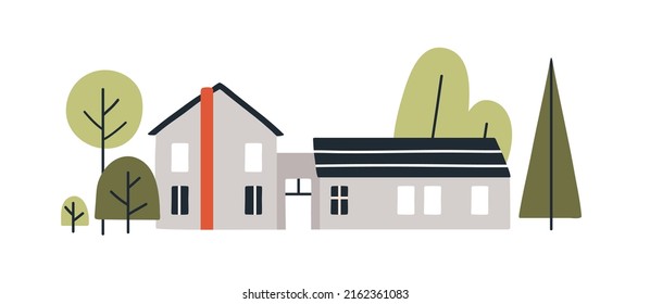 Scandinavian House Among Trees. Outside Of Country Home In Nature. Small Building Exterior, Facade In Suburbs. Nordic Countryside Structure. Flat Vector Illustration Isolated On White Background