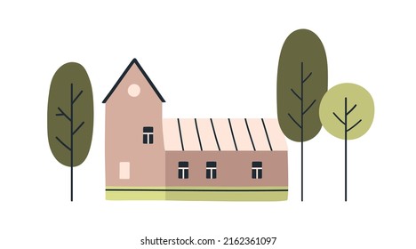 Scandinavian House Exterior And Trees Outside. Cute Scandi Country Home Facade In Nature. Countryside Nordic Building In Scandinavia. Flat Vector Illustration Isolated On White Background