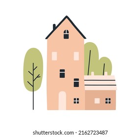 Scandinavian House Facade, Exterior And Trees Outside. Cute Nordic Country Home In Nature. Countryside Building In Scandinavia. Colored Flat Vector Illustration Isolated On White Background