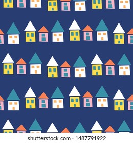 Scandinavian house hut pattern vector background. Blue seamless pattern.