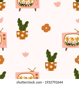 Scandinavian house plant with daisies flowers pot and floral retro tv seamless pattern background.