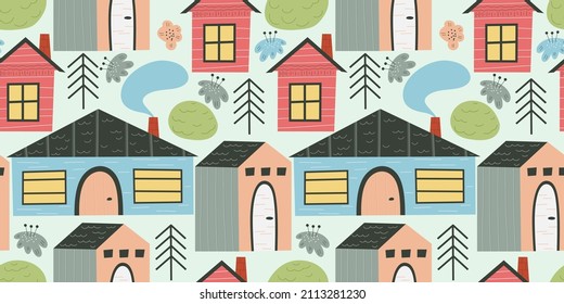 Scandinavian house seamless pattern with smoke and flower. Hand drawn vector illustration. Cottage with windows and a roof for childrens textiles.Village landscape with cute houses