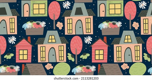 Scandinavian house seamless pattern with tree and flower. Hand drawn vector illustration. Cottage with windows and a roof for childrens textiles. Village landscape with cute houses