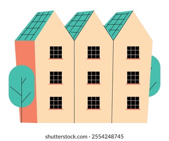 Scandinavian house and tree. Cute Scandi home with windows, cozy balconies. Nordic Swedish brick building exterior in norse style. Childish flat vector illustration isolated on white background