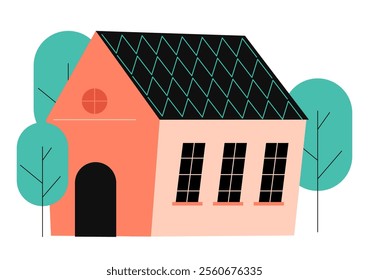 Scandinavian house and tree. Cute Scandi home with windows, cozy balconies. Nordic Swedish brick building exterior in norse style. Childish flat vector illustration isolated on white background