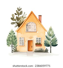 Scandinavian house and trees. Cute Scandi watercolor home. European building exterior. Childish vector illustration