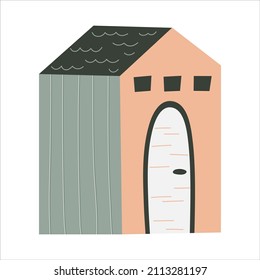 Skandinavisches Haus mit Fenster einzeln auf weißem Hintergrund. Dach mit Schornstein. Flaches, kindisches Design. Handgezeichnete Modegrafik. Farbiges Stadthaus mit rundem Eingang.