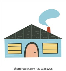 Scandinavian house with window isolated on white background.Roof with chimney and smoke. Flat childish design. Hand drawn fashion illustration. Colored townhouse with a round door.