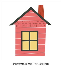 Skandinavisches Haus mit Fenster einzeln auf weißem Hintergrund.Dachboden mit Kamin. Flaches, kindisches Design. Handgezeichnete Modegrafik. Farbiges Stadthaus