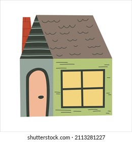 Scandinavian house with window isolated on white background.Roof with chimney. Flat childish design. Hand drawn fashion illustration. Colored townhouse with a round door
