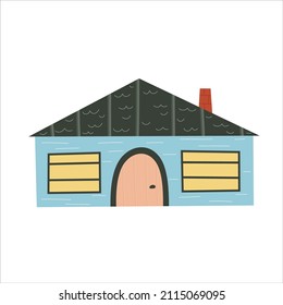Scandinavian house with window isolated on white background. Roof with chimney. Flat childish design. Hand drawn fashion illustration. Colored townhouse with a round door