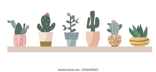 scandinavian houseplant cactus in pots with golden decor. Vector illustration of succulent flower in decorative pot. Modern home plants background. 