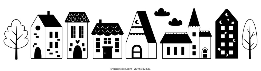 Skandinavien hat Clipkunst. Nordic House Clipkunst im minimalen Flachstil. Schwarz-Weiß-Haus-Illustration