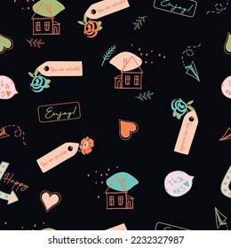 Scandinavian, houses, conversational seamless pattern print with doodle flowers, thought bubble, positive quotes and slogans for fabric, textile, tshirt, packaging and wrapping