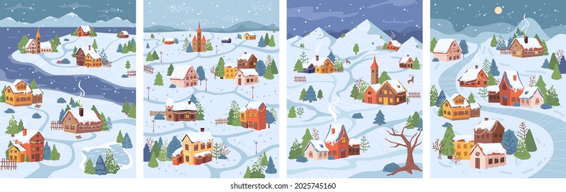 Scandinavian houses with fence, pathways, rural countryside landscape backgrounds set. Cottages with light in windows, Christmas or New Year greeting card design. Sky in stars, rivers and lakes, huts