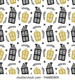 Scandinavian houses nordic seamless pattern. Hand drawn trendy decoration backdrop. Good for wallpaper, invitation card, scrapbook, wrapping paper, website background, fashion textile print.