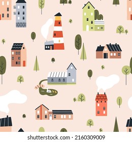 Scandinavian houses pattern. Seamless background with cute homes, city and town buildings, lighthouse, trees. Nordic endless texture design. Scandi repeating print. Colored flat vector illustration