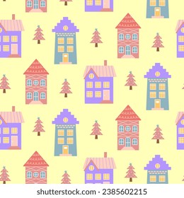 Scandinavian houses and pink Christmas trees seamless pattern. Perfect for cards, invitations, wallpaper, banners, kindergarten, baby shower, children room decoration.