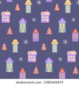 Scandinavian houses, pink Christmas trees and snowflakes seamless pattern. Perfect for cards, invitations, wallpaper, banners, kindergarten, baby shower, children room decoration.