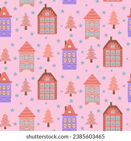 Scandinavian houses, pink Christmas trees and stars seamless pattern. Perfect for cards, invitations, wallpaper, banners, kindergarten, baby shower, children room decoration.