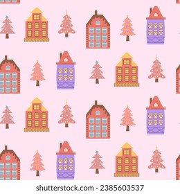 Scandinavian houses and pink Christmas trees seamless pattern. Perfect for cards, invitations, wallpaper, banners, kindergarten, baby shower, children room decoration.