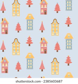 Scandinavian houses and pink Christmas trees seamless pattern. Perfect for cards, invitations, wallpaper, banners, kindergarten, baby shower, children room decoration.