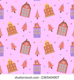 Scandinavian houses and pink Christmas trees seamless pattern. Perfect for cards, invitations, wallpaper, banners, kindergarten, baby shower, children room decoration.