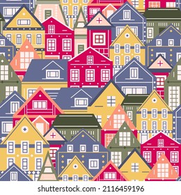 Scandinavian houses seamless pattern. Cityscape of european city street view. Colorful village houses vector illsutration.