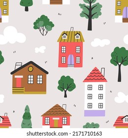 Scandinavian houses seamless pattern. Cute doodle childish buildings in forest and clouds. Trendy scandi fabric print, decorative vector background