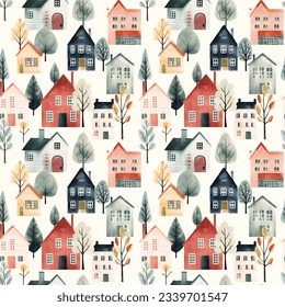 Scandinavian houses seamless pattern. Cute watercolor buildings and trees. Trendy scandi print, decorative vector background
