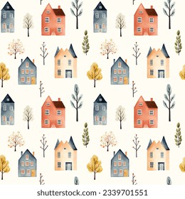 Scandinavian houses seamless pattern. Cute watercolor buildings and trees. Trendy scandi print, decorative vector background
