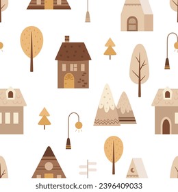 Scandinavian houses seamless pattern. Nordic house digital paper. Minimal houses pattern.