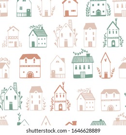 Scandinavian houses seamless pattern. Vector hand-drawn illustration of a building in a simple childish cartoon style. Cute sketch drawing in a limited pastel palette on a white background.
